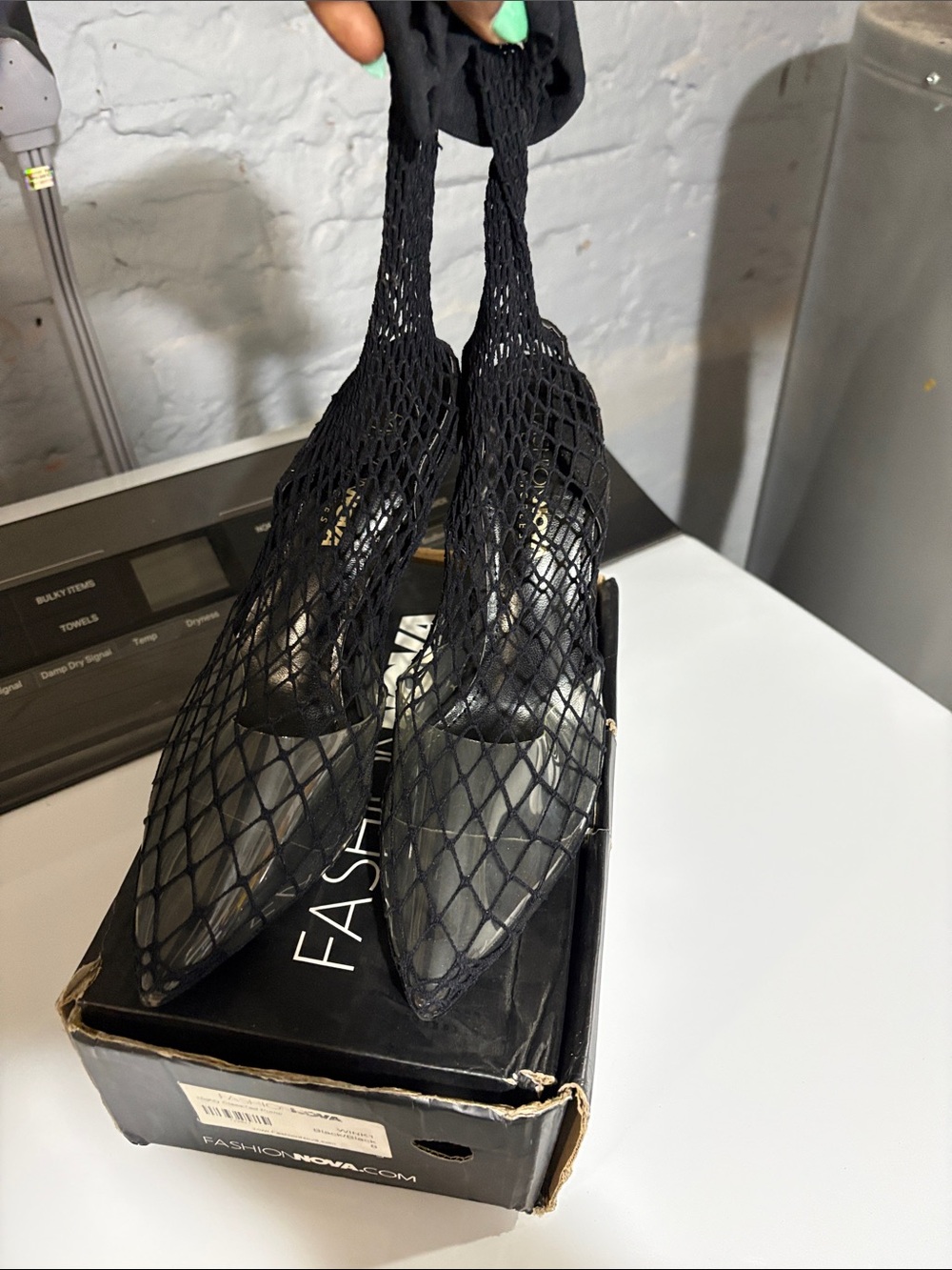 Fashion Nova Black Fishnet Pointed Slingback Heels